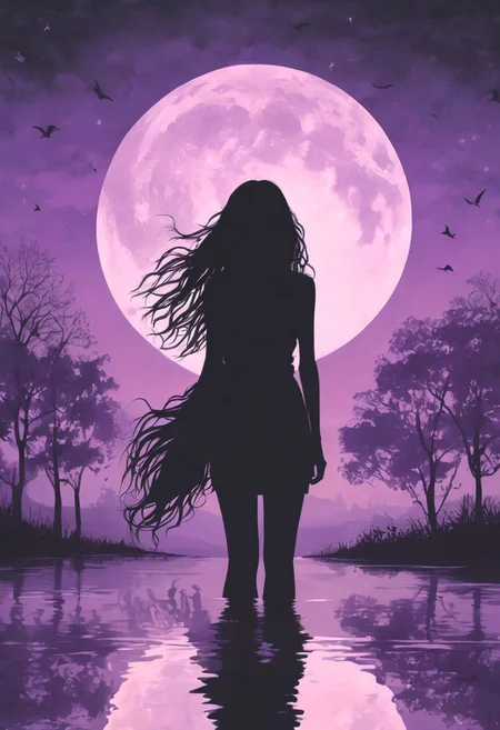 a pitch black setting with a (silhoutte) of a beautiful long haired girl lit up by a purple hue, magical, silhouette, purple theme, purple skies, tree silhouette, eyes closed, ephemeral, reflection, moon <lora:sdxl\add -detail-xl> <lora:sdxl\xl_more_art-full_v1>, small body, petite body, Skinny body