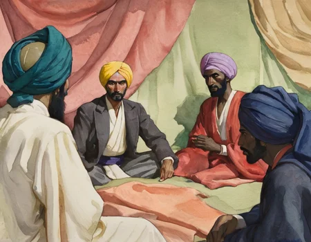 MSchaeffer ((bright and colorful watercolor painting:2)) depicts a group of people, mostly men, standing around a pile of textiles, some wearing turbans.In the center, two light complexion, older men wearing turbans are engaged in a discussion, with the man in the red robe and dark blue turban pointing outwards with his left hand while gesturing with his right hand towards his face. Beside him is a man in a light green robe, pale pink shirt and bright yellow turban who is looking down towards the textiles. To the left, two dark-skinned figures stand, their bodies mostly visible, with the front figure draped in a light pink and peach colored cloth that has a complex grid pattern throughout. Behind them is a backdrop featuring white surfaces with light blue, dark blue and teal blue accents, as well as light peach colored, abstract floral shapes. To the lower right are two seated dark-skinned people, the one in the red vest sitting in front of the woman in the white headpiece and green vest. Behind them is a fair-skinned man with a dark purple turban and coat. In the lower left foreground of the image is a dark brown vase. The painting style is loose and expressive, with visible brushstrokes and a warm, earthy palette. The overall impression is one of active commerce and cultural exchange..<lora:MSchaeffer1-000005:1>