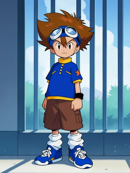 score_9, score_8_up, score_7_up, score_6_up, score_5_up, score_4_up, source_anime, BREAK
looking at viewer, <lora:Digimon:0.8> digimon, 1boy, solo, taichi, brown hair, spiked hair, hair between eyes, goggles on head, goggles on head, blue shirt, yellow collar, brown shorts, white socks, loose socks, white and blue sneakers, grinning,