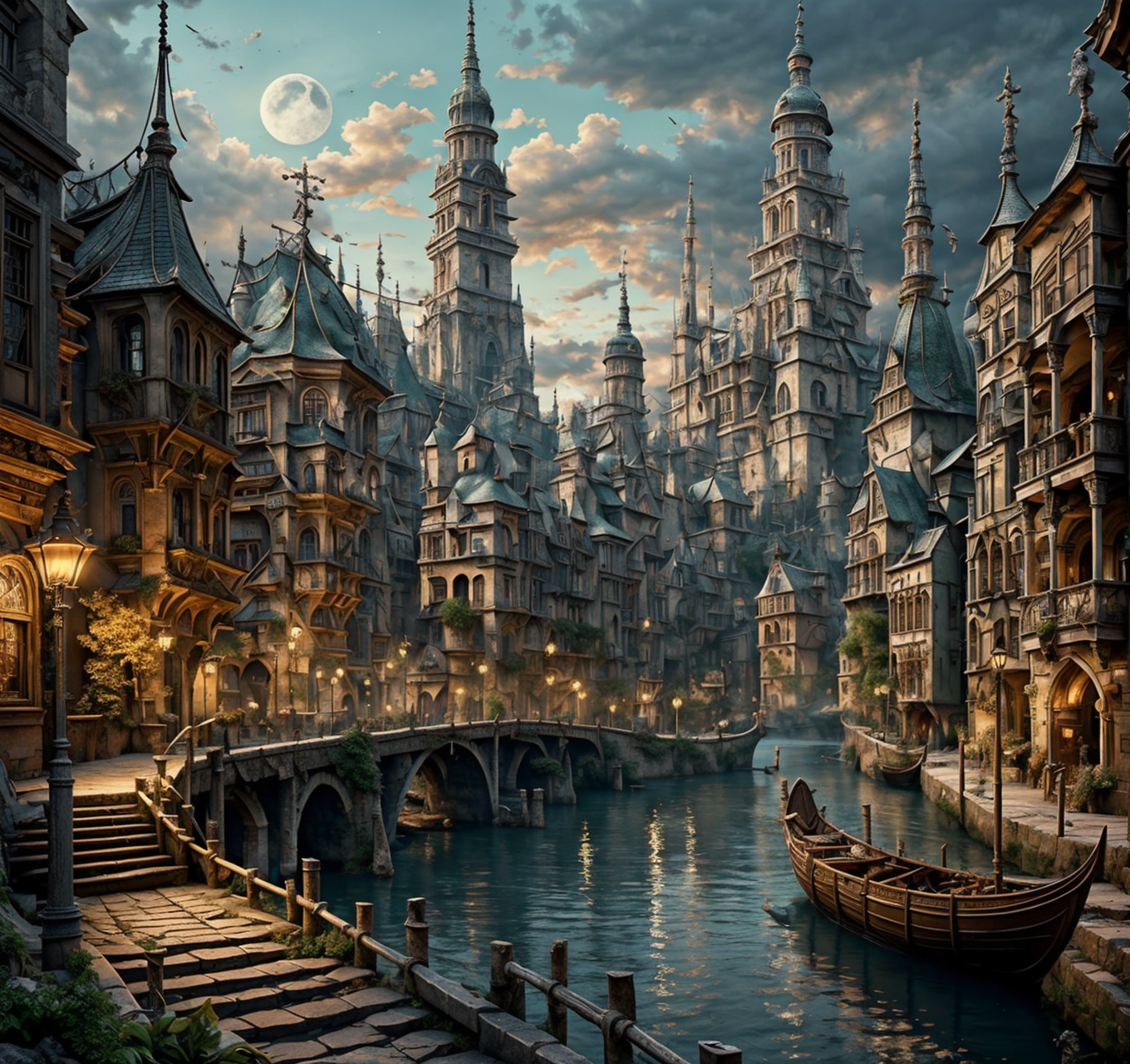 RAW photo, (masterpiece:1.3), subsurface scattering, heavy shadow, (high quality:1.4), (intricate, high detail:1.2), professional photography, HDR, High Dynamic Range, realistic, ultra realistic, photorealistic, high resolution, film photography, ambient lighting, atmospheric effects, <lora:detail_slider_v4:2>, OverallDetail,  <lora:Laketown:1>, bird, boat, bridge, building, castle, city, cloud, fantasy, laketown, lamppost, moon, no humans, outdoors, railing, river, scenery, signature, sky, smoke, stairs, tower, tree, water, watercraft