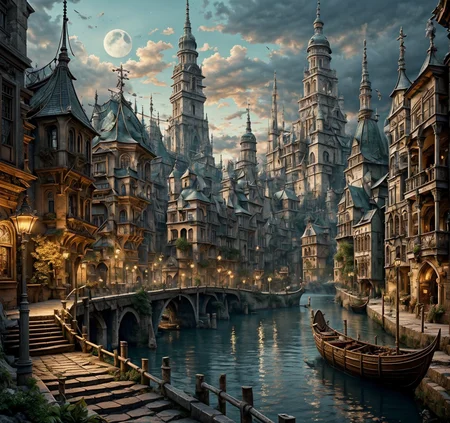 RAW photo, (masterpiece:1.3), subsurface scattering, heavy shadow, (high quality:1.4), (intricate, high detail:1.2), professional photography, HDR, High Dynamic Range, realistic, ultra realistic, photorealistic, high resolution, film photography, ambient lighting, atmospheric effects, <lora:detail_slider_v4:2>, OverallDetail, <lora:Laketown:1>, bird, boat, bridge, building, castle, city, cloud, fantasy, laketown, lamppost, moon, no humans, outdoors, railing, river, scenery, signature, sky, smoke, stairs, tower, tree, water, watercraft