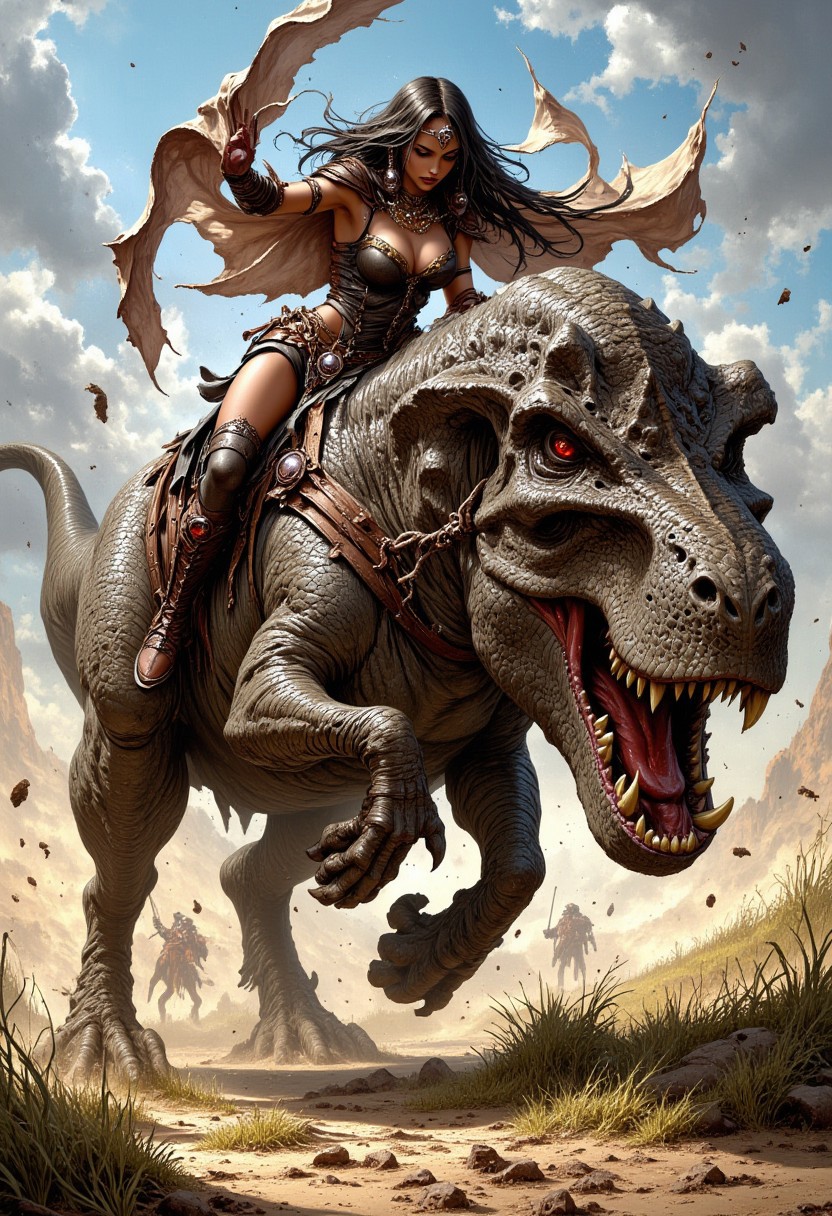 masterpiece, high detail, ArsMJStyle, dnddarkestfantasy, mythp0rt, female barbarian warrior, skimpy leather armor, cleavage, leather boots, riding huge dinosaur through dusty, sandy terrain, leaning forwards on its back and hanging onto its mane, vibrant, dynamic