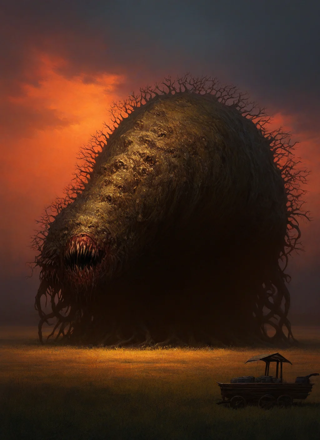 artist:, masterpiece, best quality, newest, very awa, absurdres, highres, mnsr, cart, horror, evening, detailed,, <lora:SDXL\Illustrous\Monster_Concept-Illu-mnsr:1.0>