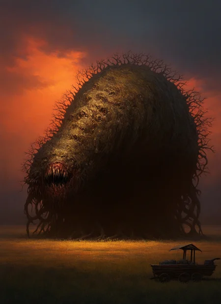 artist:, masterpiece, best quality, newest, very awa, absurdres, highres, mnsr, cart, horror, evening, detailed,, <lora:SDXL\Illustrous\Monster_Concept-Illu-mnsr:1.0>
