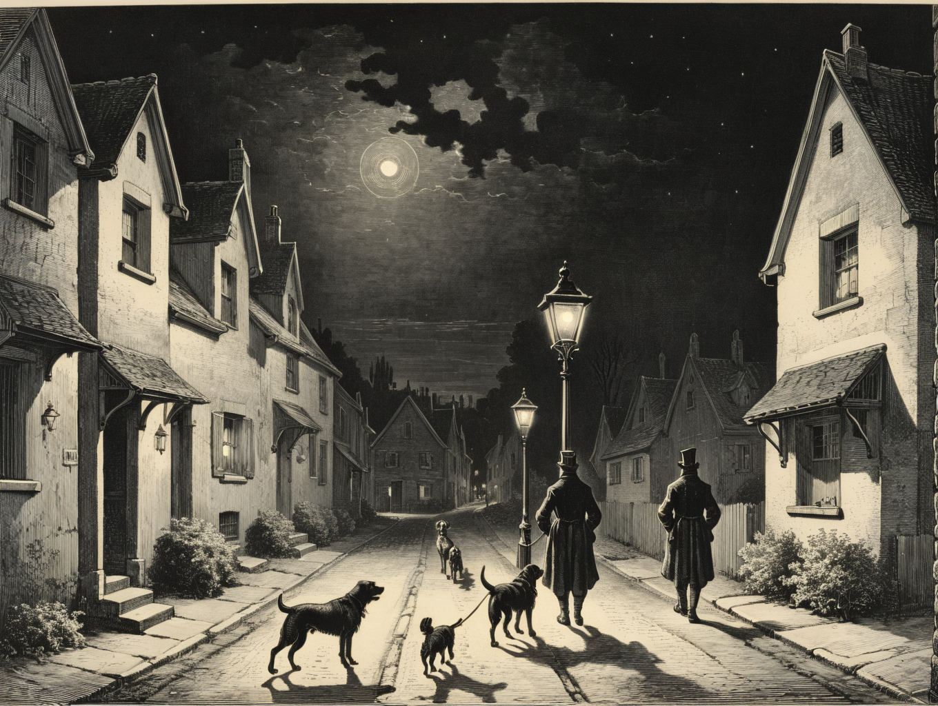 (woodcut illustration:1.2) in detailed gustavedore style, , crisp even lines, high contrast, Tenebrism,
Evening Dog Walk in a Suburban Area: An evening scene in a suburban neighborhood. A person is walking their dog along a sidewalk, with streetlights casting a soft glow. Houses and parked cars line the street, creating a typical suburban setting.by gustave dore 
<lora:GustaveDore_StyleXLv6.1:0.5>  <lora:xl_more_art-full_v1:0.25> <lora:add-detail-xl:0.45>