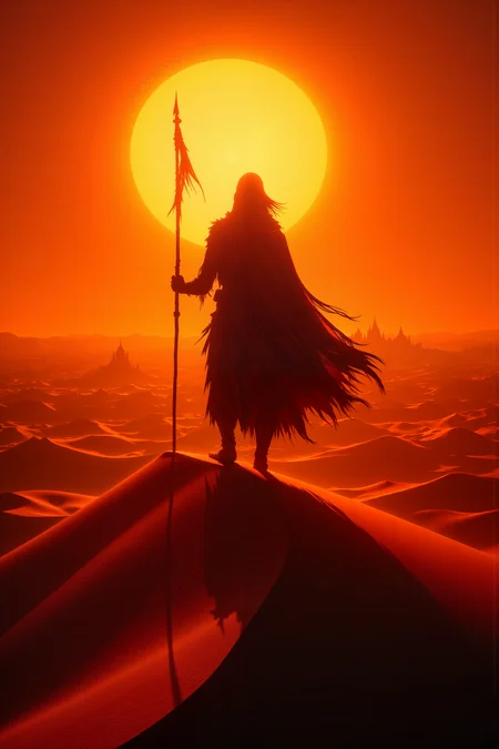 A hyper-realistic portrait, photorealistic photo close-up image of In the heart of a vast desert, under the blinding light of three setting suns, the silhouette of a lone wanderer appears on the crest of a towering dune. Their figure is sharp and solitary, framed against the blazing sky where the suns cast long, triple shadows across the golden sand. The dunes roll endlessly into the distance, their smooth, rippling surfaces bathed in a fiery orange glow that deepens into reds and purples as the day fades into twilight. The wandererâs form is stark and angular, their cloak billowing in the hot desert wind, while their hand grips a long staff that stretches skyward, creating a thin, sharp line against the dying light. Far in the distance, the faint outline of a ruined city emerges from the dunes, barely visible through the shimmering heat haze, but the figureâs gaze is fixed forward, as if seeking something beyond the horizon. The entire scene is one of quiet solitude, where the sharp lines of the wandererâs silhouette stand in stark contrast to the smooth, flowing landscape around them. (photography, high-resolution, dynamic, energetic,hyper-realistic, dramatic lighting, shallow depth of field.), detailmaximizer, MythP0rt<lora:midjourney_whisper_flux_lora_v01:0.55><lora:aidmaMJ6.1-FLUX-V0.1:0.4><lora:FluxMythP0rtr4itStyle:0.4><lora:detailed_flux_ntc:2.2><lora:aidmaImageUpgrader-FLUX-V0.1:0.65>