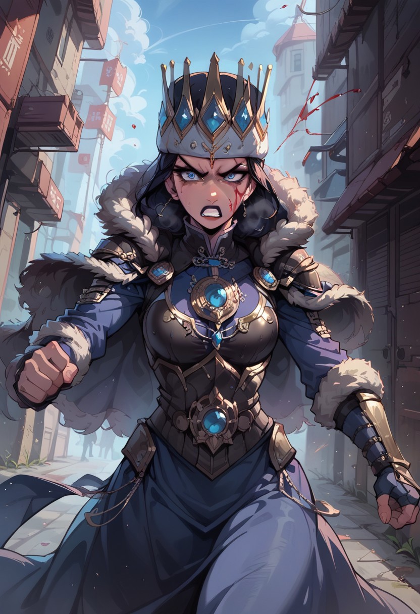 score_9, score_8_up, score_8, cinematic lighting, g0thicPXL, , cinematic lighting, glowing,, black eyeshadow, , (breathing), (sweating), chinese back alley,  rough, , black lipstick,, anime, , makeup,armor, blood on face, blood on armor, fighting, angry, fur trim dress, fur cloak, crown, katarinkis, headpiece
source_anime, expressive, anime, cartoon, dynamic, , expressiveh,