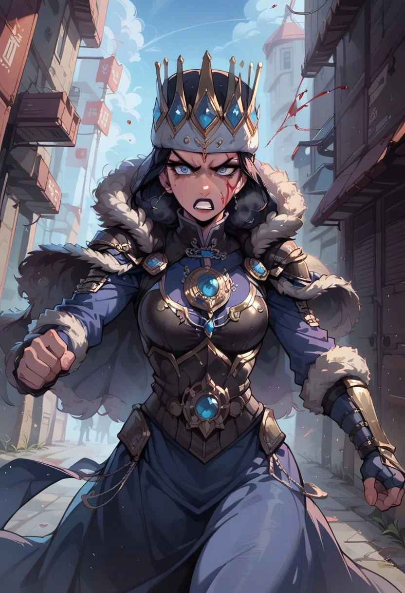 score_9, score_8_up, score_8, cinematic lighting, g0thicPXL, , cinematic lighting, glowing,, black eyeshadow, , (breathing), (sweating), chinese back alley, rough, , black lipstick,, anime, , makeup,armor, blood on face, blood on armor, fighting, angry, fur trim dress, fur cloak, crown, katarinkis, headpiece
source_anime, expressive, anime, cartoon, dynamic, , expressiveh,