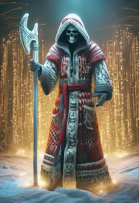 core_9, score_8_up, score_7_up,score_7_up, A ChristmasSweater reaper, covered in ribbons, glowing knitted skull mask, clad in a wrapping paper hooded coat, loose fitting coat, holding a large oversized candy cane scythe, stands amid a frozen fountain, its eerie presence blending menace with surreal elegance,