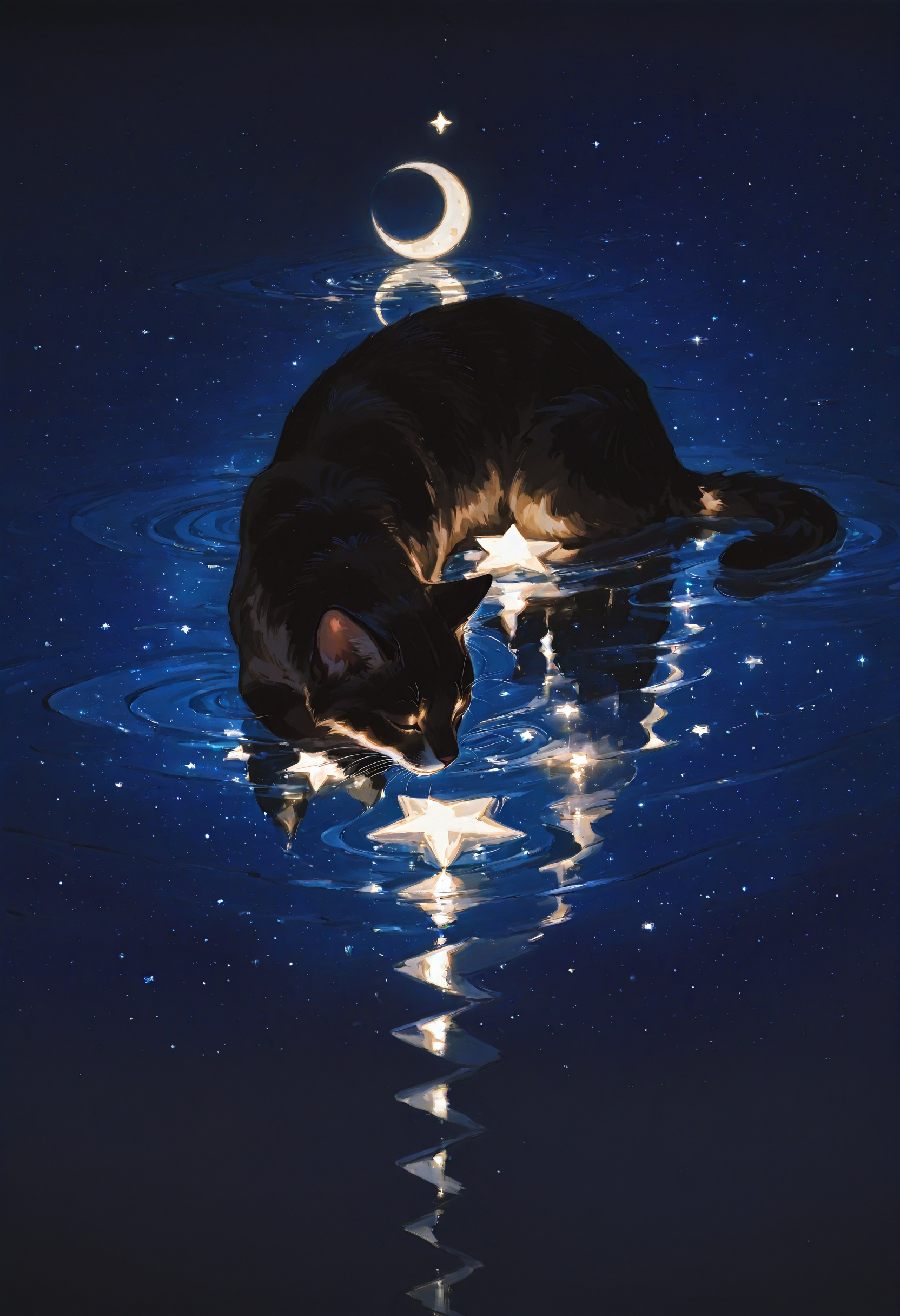 liyd, no humans, cat, crescent moon, ripples, moon, animal focus, reflection, closed eyes, water, animal, star (symbol), crescent, night, star (sky), solo, painting (medium), sky
