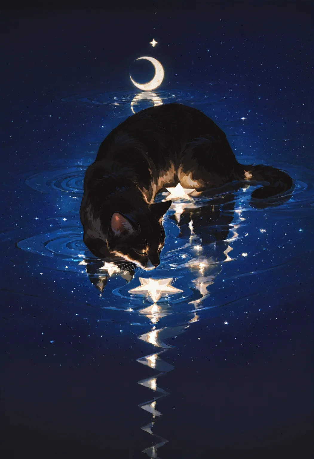 liyd, no humans, cat, crescent moon, ripples, moon, animal focus, reflection, closed eyes, water, animal, star (symbol), crescent, night, star (sky), solo, painting (medium), sky