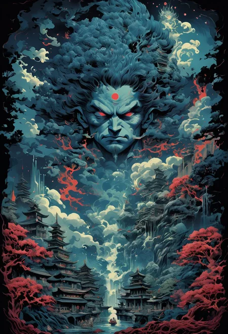 Anime illustration inspired by the four elements of nature, reminiscent of the style of James Jean, the iconic Goku from Dragon Ball navigates a port city setting, depicted in a poster format akin to the detailed atmospheric portraits of John Pitre, combining elements of deathcore and biopunk horror art. The dark and intricate scene unfolds with unique illustrations and precisionist oil painting techniques, incorporating airbrushed mystical landscapes and intricate psychedelic details, all in a palette of dark azure and red, evoking a witchcore aesthetic.