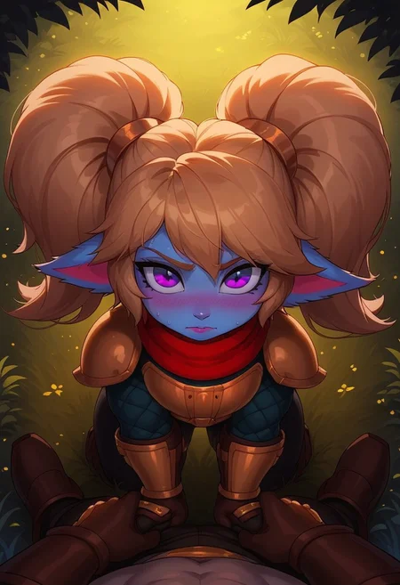 masterpiece, best quality,ultra detailed,volumetric lighting,gradient color, BREAK raytracing, volumetric lighting, ambient occlusion.
Poppy,lol,yordle girl,fluffy fur,blue fur,tightened skin,curvy,toned body,(purple nipples:0.6),(a well-proportioned body:1.2),beautiful eyes,big eyes,purple eyes,blonde hair,long hair.
golden armor, armor shoulder, red scarf, breastplate, green snakeskin shirt , brown gloves, armor hips, green snakeskin pants, brown boots.
on all fours,spread legs,man grab her ass ,pov,close up,torn pants,looking at viewer,hearts,horny,blush.
forest,from above,outdoors.