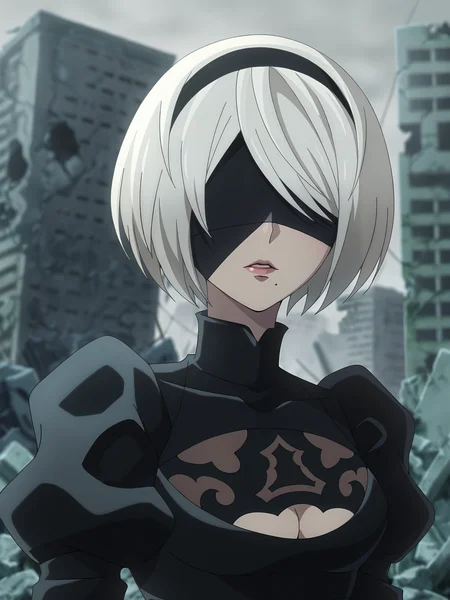 <lora:2B_v6:0.7>, 2b (nier:automata), 1girl, solo, white hair, short hair, mole under mouth, lips, juliet sleeves, black hairband, cleavage cutout, black blindfold, black dress, upper body, outdoors, ruins, grey sky, facing viewer, building, rubble, parted lips, blurry background, looking at viewer