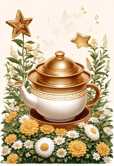 A white and gold porcelain teapot with a flowers. with a "soviet red_star" emblem (pmg style, h1ppyCE style, hippy)
