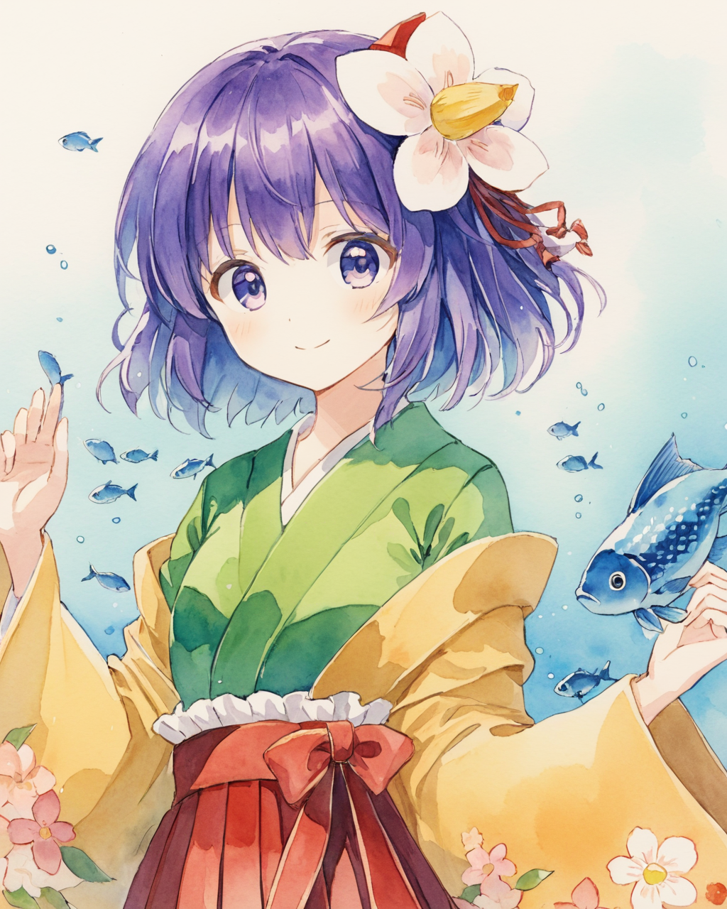 hieda no akyuu,1girl, traditional_media, solo, hair_flower, painting_\(medium\), watercolor_\(medium\), fish, smile, looking_at_viewer, green_kimono, layered_clothes, wide_sleeves, floral_print, skirt, dated, long_sleeves, artist_name
<lora:hieda_no_akyuu_image926_2023-12-20:1>,star-shaped_pupils,symbol-shaped_pupils,. gorgeous,key visual, vibrant, studio anime,award-winning, professional, highly detailed,high budget, cinemascope