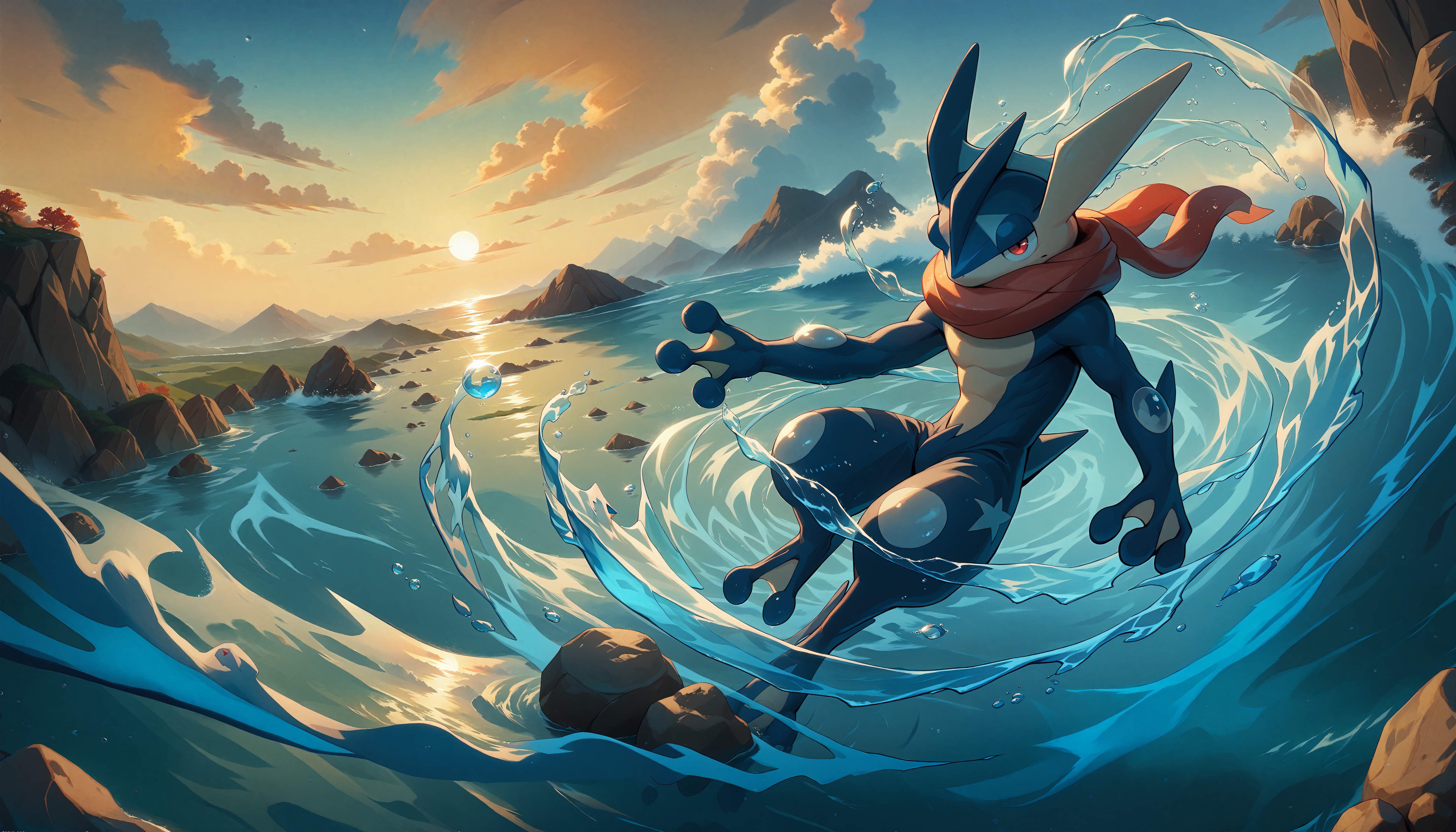 score_9,score_8_up,score_7_up,score_6_up,<lora:StS_PonyXL_Detail_Slider_v1.4_iteration_3:4>,<lora:POKEMON_GRENINJA:1>,Greninja,solo,pokemon (creature),red eyes,on back,close up,landscape,sunset,ocean,wind,rain,falling leaves,rock,from above,<lora:Water_magic_Magic_PACK:1>,watmagmb,water,Waves,Water ball,Water spiral,Water vortex,