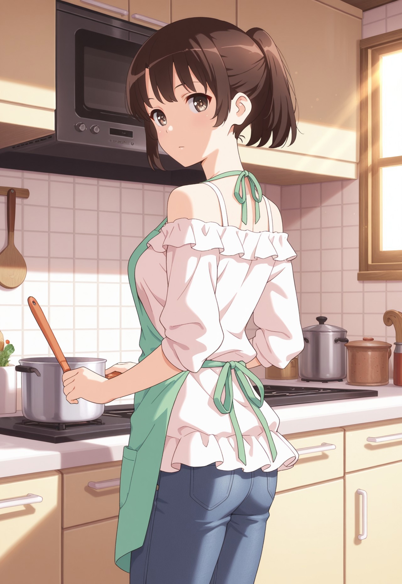 1girl, m3gum1kat0,brown hair, bangs, pupils,brown eyes,medium breasts, short hair, ponytail ,(( good fingers))

,original, masterpiece, aesthetic,

standing, kitchen setting, cozy kitchen, looking back, wearing apron, off-shoulder blouse, slim-fit jeans with slight back cutout, warm sunlight streaming through the window, rustic shelves filled with spices and herbs, soft and detailed anime style, relaxed and inviting atmospher,looking at viewer,

