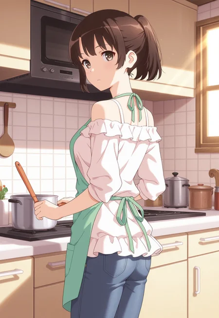 1girl, m3gum1kat0,brown hair, bangs, pupils,brown eyes,medium breasts, short hair, ponytail ,(( good fingers))

,original, masterpiece, aesthetic,

standing, kitchen setting, cozy kitchen, looking back, wearing apron, off-shoulder blouse, slim-fit jeans with slight back cutout, warm sunlight streaming through the window, rustic shelves filled with spices and herbs, soft and detailed anime style, relaxed and inviting atmospher,looking at viewer,

