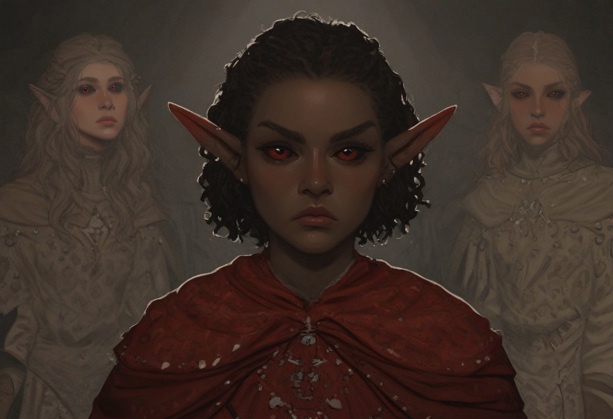 safe_pos, short pointy ears, piercings, random elf face, aquiline features, dark elf, dark elves, medium dark skin, weathered skin, large nose, animated realism, zoomed out, Syrian features, torso, brass pipes and gears, intricate architecture, dwarven masonry, dwemer fixtures, white-green light, gloomy lighting, ancient ruins, interior, stone tiled floor, grey-blue skin, mahogany and ivory clothes, medium armor, bone plate armor, ivory straps and fittings, grey wood neckguard, dark red sclera, black pupils, distant mushroom forest, blue-green light, neon, highly detailed, defined features, looking at viewer, three quarters view, from front, dynamic lighting, 36 years old, light and shadows, patterned cloth, annoyed expression, expressive eyes, detailed medieval clothes, medium_breasts, cropped hair, wavy hair, thick hair, beaded hair, braided hair, under cut hair, semirealistic, alien elf, spanish features, jewish features, black hair, dark red hair, umber skin, sharp features, pastel green berber print cloak, nighttime, high detail, absurdres, pretty eyes, detailed eyes, red eyes,