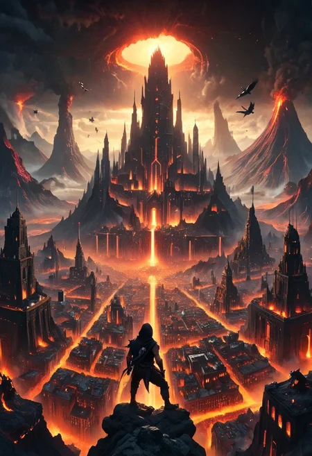 The beautiful city is in the belly of a volcano, 1boy, a ninja wearing a thick vest climbs the walls of the mouth of the mountains, looking down on a cityscape in lava, hands and feet in a climbing pose, climb in the mountain rocks, action climbing pose in the wall, from above shot, close-up, ninja wearing scarf and vest, clad in flowing, future city ​​in the belly of a volcano, lava, obsidian rock, cityscape, future city, tall building, clock tower, tower, steam, glass, castle, road, crowd, groups of crows flying around, glowing, shiny, scifi, intricate artistic color, cinematic light, radiant, vibrant, perfect symmetry, Grayscale, Dramatic spotlight, highly detail,