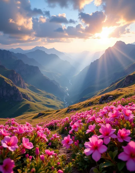 A stunning landscape scene showcasing vibrant pink flowers in full bloom, set against rolling green hills under a dynamic sky filled with clouds. The lighting casts a warm golden hue, enhancing the vivid colors of the blossoms and illuminating the valleys in the distance. The viewpoint is positioned slightly above the flower field, offering a sweeping vista that captures the vastness of the mountains fading into the horizon. The time is late afternoon, creating a serene and uplifting atmosphere. The style reflects a blend of realism and impressionism, emphasizing natural beauty with a soft focus on the flowers in the foreground and the craggy mountains beyond, evoking a sense of tranquility and wonder. <lora:aidmaFLUXPro1.1-FLUX-v0.3:1>