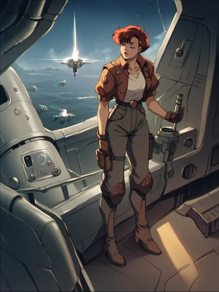 score_9, score_8_up, score_7_up, score_6_up, score_5_up, <lora:T43XLP:1> t43, spacecraft, science fiction, 1girl, solo, retro artstyle,