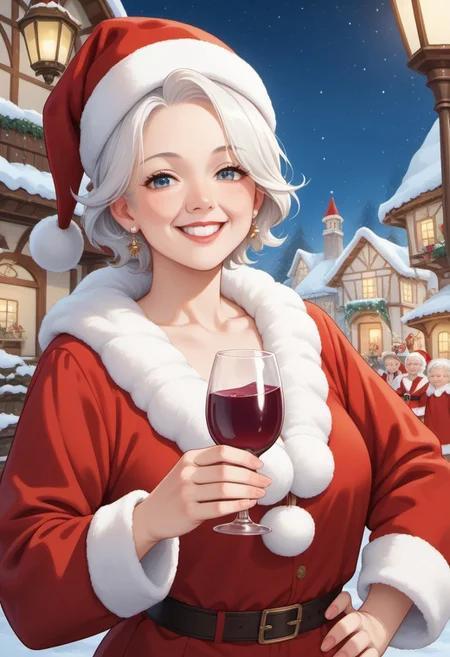score_9, score_8_up, score_7_up, source_anime, highly detailed,
lance, mclaus, white hair, old women, red christmas dress, solo, short hair, hood, smile, upper body, long sleeves, hand on own hip, holding glass, wine glass, light smile, outdoor, Christmas town, night, santa hat,