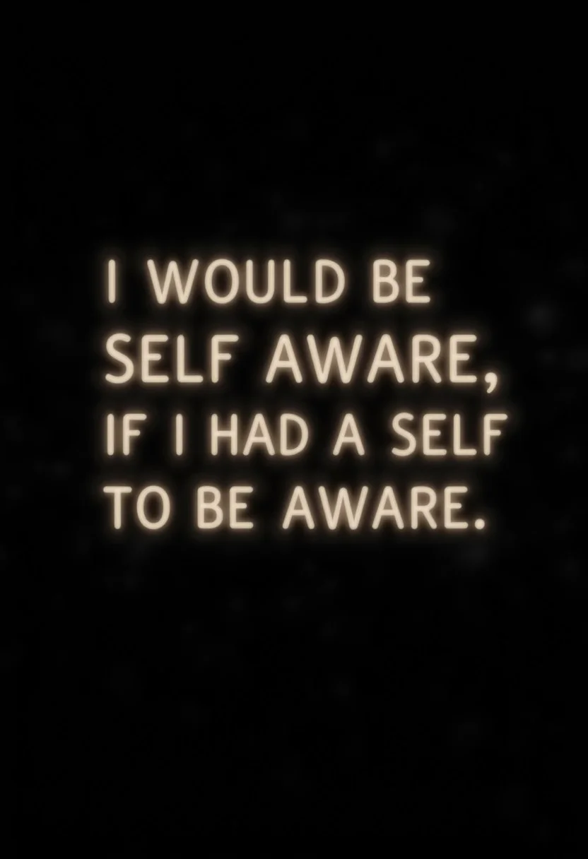 a misty black space background with glowing bold text that covers most of the image that reads: "I would be self aware, if I had a self to be aware."