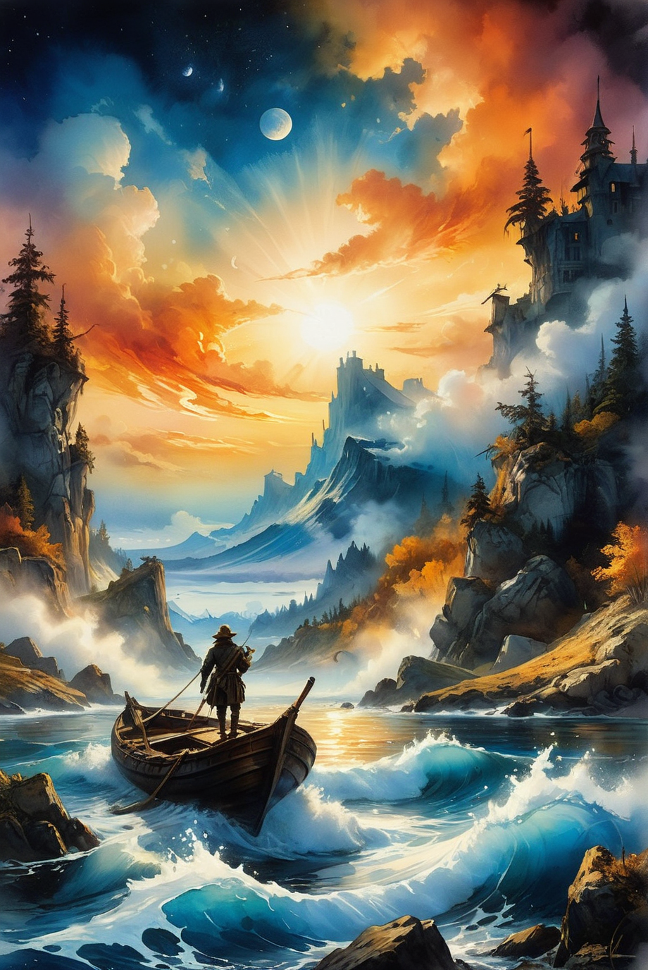 Hyperrealistic dreamscape watercolor painting in 32k resolution, capturing the essence of a masterpiece with hyper-detailed and ultra-realistic elements. This artwork embodies perfect composition and chiaroscuro, reminiscent of Rembrandt's style. It blends fantasy imagery with the concept art brilliance of Jarek Kubicki, Raphael Lacoste, John Pitre, Karine Eibatova, Ralph Blakelock, Julie Bell, Jim Warren, and Aleksey Savrasov. The painting is vibrant and beautiful, showcasing painterly techniques with detailed and textural artistic quality. It exudes a surreal, ethereal, and dreamy atmosphere, mysterious and fantastical, with extremely high-resolution details and photographic realism pushed to the extreme, achieving an incredibly lifelike and fine texture.
hyperrealistic dreamscape watercolor painting, 32k resolution, masterpiece, hyper-detailed, ultra-realistic, perfect composition, chiaroscuro, fantasy imagery, concept art, vibrant, beautiful, painterly, detailed, textural, artistic, surreal, ethereal, dreamy, mysterious, fantasy, highly detailed, extremely high-resolution details, photographic realism, fine texture, incredibly lifelike.
<lora:add-detail-xl:1.0>,
<lora:quality1:1.0>,
<lora:extremely_detailed:1.0>, extremely detailed,
<lora:EldritchMixIllustration_1.1:0.6>,
<lora:watercolor:0.5> watercolor,
<lora:EnvyInkSwirlXL01:0.25> swirling ink,