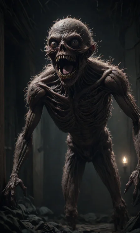 A creature from a horror movie, creepy lighting, 4k, award winning, digital art, trending on ArtStation, deviantart, epic composition, masterpiece, highly detailed, HD Ultra realistic, focused, extreme details, unreal engine 5, Photorealism, HD quality, 8k resolution, cinema 4d, 3D, beautiful, cinematic, art by Zd <lora:Fast:0.69>