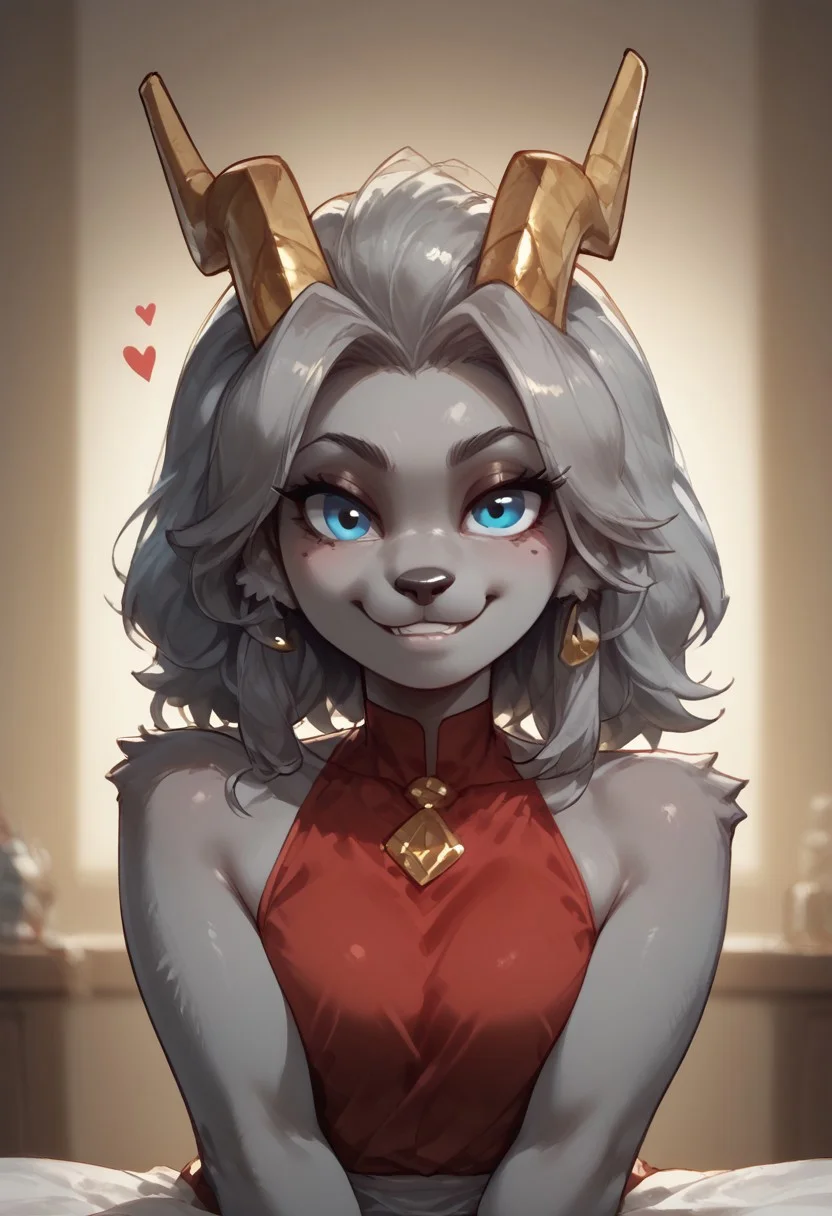 score_9, score_8_up, score_7_up, <lora:Sybil2500steps:1> Sybil, solo, furry girl, grey fur, grey hair, thick thighs, golden horn, bedroom eyes, grey skin, blue eye, giant boobs, beautiful body, perfect cute face, high detail, perfect cute face, high detail, smiling, looking at the weaver, perfect face, absurdres, freckles, mascular body, red dress, sleeveless dress, short dress, bare shoulders, finger heart, heart, upper body, seductive smile, indoors, dark enviroment, night,, score_9_up, score_8_up, score_7_up