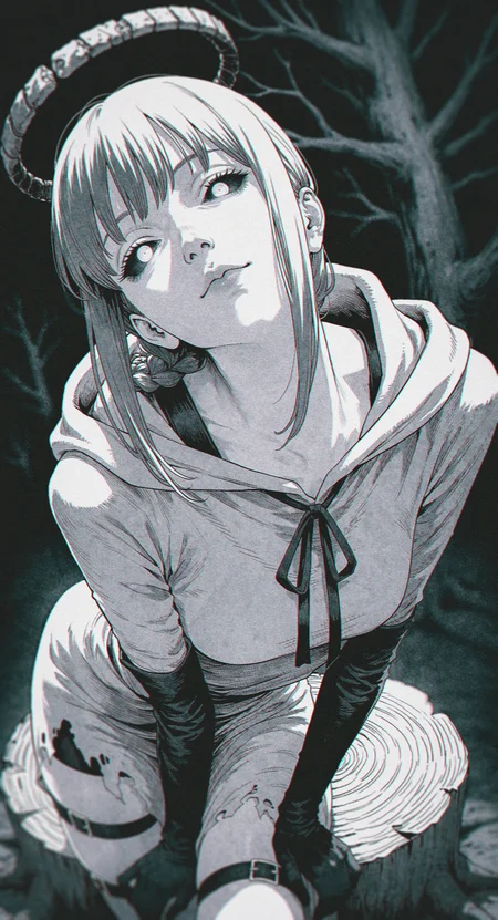 (realistic greyscale manga\(theme\), linear hatching, hatching \(texture\):1.1), ultra-detailed shot by fujimoto tatsuki \(style\), (brutal, cruel,:1.2),
very awa, masterpiece, highres, absurdres, newest, year 2024, year 2023, safe general,
makima \(chainsaw man\), 1girl, mystical creature, solo, cowboy shot, (leaning forward:1.2), from above,
(distorted fisheye perspective:1.2), dutch angle, (foreshortening:1.2) close-up face, calm, nose, lips,
torn clothes, (multiple black straps:1.2), long robe, torn robe, torn clothes, hood down, (black gloves, elbow gloves:1.1), pale skin, zettai ryouiki, multiple thigh straps,
(black sclera:1.3), white eyes, looking at viewer, solid halo, (head tilt:1.3), arched back,
(thick thighs:0.9), long arms, crossed legs, on tree stump,
dark background,
medieval fantasy, illustration, ultra-detailed textures, dead tree branches on background, (dutch angle, perspective:1.2),
<lora:takayanagi_katsuya:0.45>, <lora:lora:0.5>,