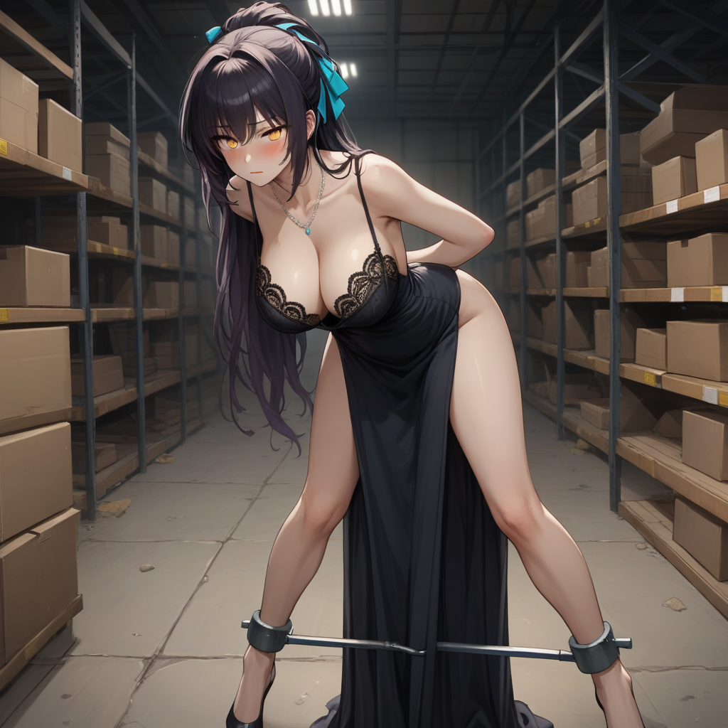 source_anime, score_9,score_8_up,score_7_up,score_6_up, (karin\(blue archive\):0.9), anime style, strappadoJ, strappado_XL, BREAK, solo focus, dark-skinned_female, yellow eyes, blush, blushing, 1woman, (wearing an evening_gown), evening_dress, sideless_dress, backless_dress, large breasts, breasts covered, lace_bra,, pubic_hair_peek (strappado:1.1), bent_over, (spreader_bar:1.2), hanging_breasts, monoglove, arched_back, legs_apart, big ass, blush, blushing, arms_behind_back, strappadoJ, warehouse, empty warehouse, abandoned,
