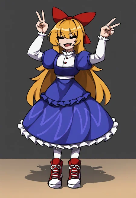 score_9, score_7_up, source_anime, masterpiece, best quality, detailed, perfect, perfection, aesthetic, absurd, detailed, KaliningradG,
illustration showing Tipsy,
1girl, yellow eyes, blonde hair, long hair, bangs, red hairbow, :3, fang, closed mouth,
white bodice, buttons, blue dress, white embroidery, frills, puffy sleeves, white pantyhose, red sneakers,
full body, standing, v pose