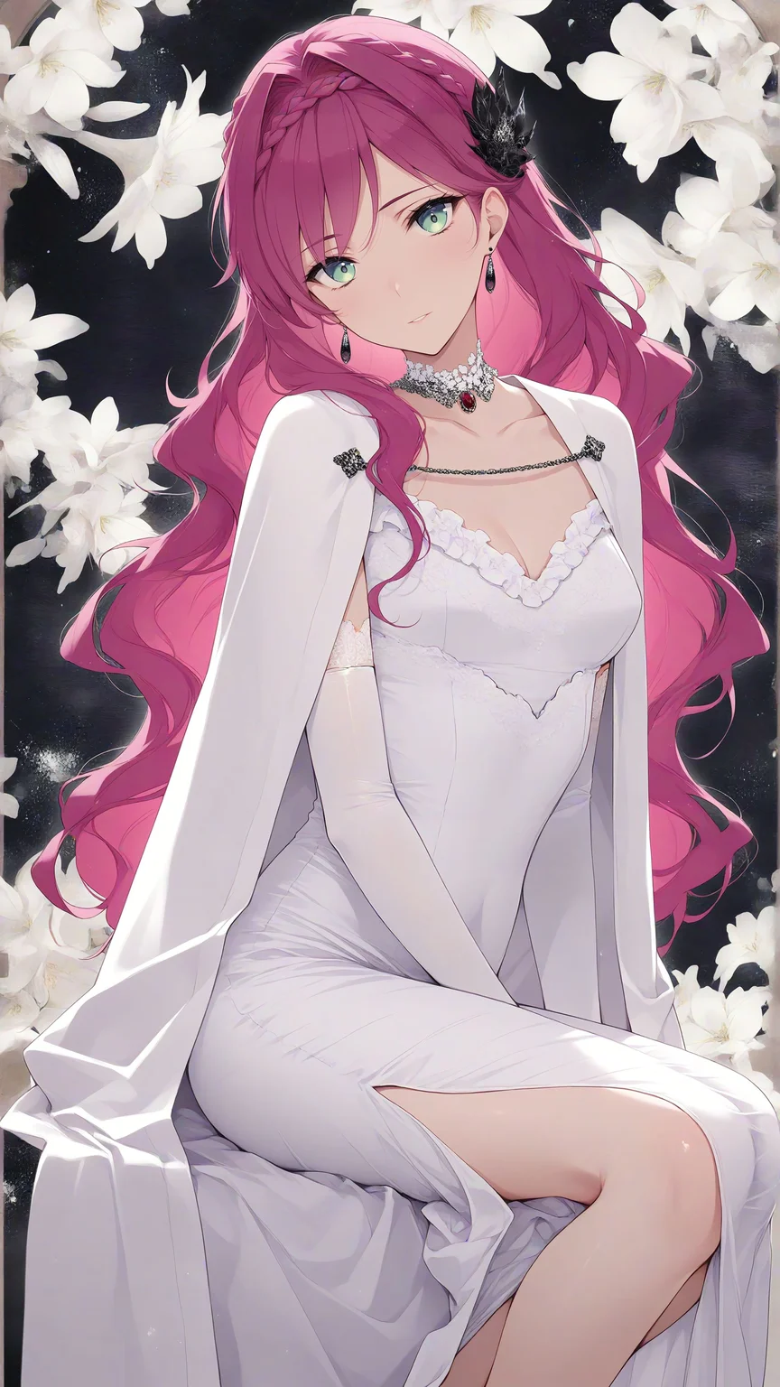 masterpiece, best quality, amazing quality, Smooth Quality, penelope eckhart, 1girl, small breasts, mature female, pink hair, green eyes, bangs, wavy hair, long hair, sitting, abstract, abstract background, floating, white dress, white cloak, collar, earrings, elbow gloves, flower, white flower, from side, looking at viewer, crown braid, pink nails, collarbone, <lora:penelope_eckhart-illustrious-v-1:0.8>, cleavage, invisible chair, side slit, frilled dress, hair ornament, head tilt,