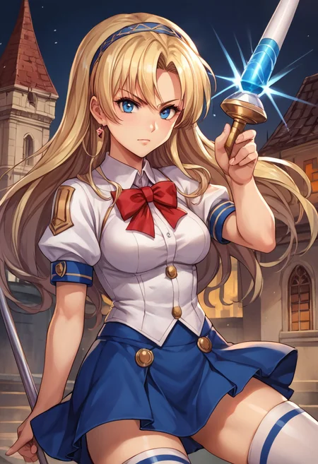 score_9, score_8_up, score_7_up, score_6_up, score_5_up, score_4_up, detailed, intricate details, source_anime, , (best quality) , (highly detailed) ,((masterpiece)), ((best quality)), (ultra-detailed), ((extremely detailed)), (high resolution), 4K, (8K), best quality, (beautiful), (dynamic lighting), (super detailed skin), sharp focus, (1_girl, solo focus), score_9,score_8_up,score_7_up,anime coloring BREAK source_anime,anime, <lora:Liffany_p_v1.5:1>,Liffany,headband,magic wand,blue skirt,black_pantyhose,white_thighhighs,white boots, Blue eyes, blonde eyes, <lora:Fixhands_anime_bdsqlsz_V1:1>,looking_at_viewer,castle,city,holding,holding_staff,fighting_stance,serious,dynamic_angle,posing,,
 upper body, detailed eyes、detailed face and detailed skin <lora:add-detail-xl:1.0>