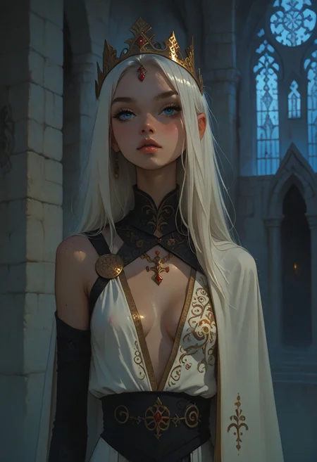 FFAnime Style, Score_9, Score_8, Score_7, 1girl,young princess, white hair, light blue eyes, portrait, ceremonial robe, white outfit with gold designs, castle interior  ,cleavage,expose one breast,nipple