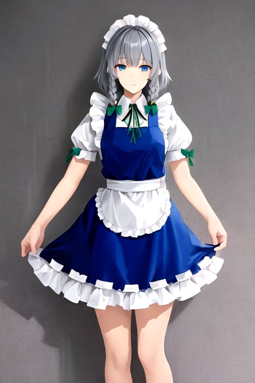 Sakuya, maid headdress, izayoi sakuya, braid, twin braids, grey hair, short hair, sakuya, solo, looking at viewer, bow, blue eyes, hair bow, green bow, bangs, maid, puffy sleeves, short sleeves, apron, dress, blue dress