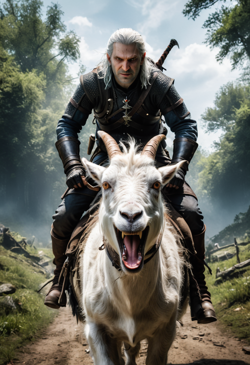 portrait the witcher trot rides on a (small:1.3) goat, sticking out his tongue, eyes, fights the monster, 8k, F2.8, RAW Photo, ultra detailed, light and shadow, wide angle <lora:xl_more_art-full_v1:0.7>