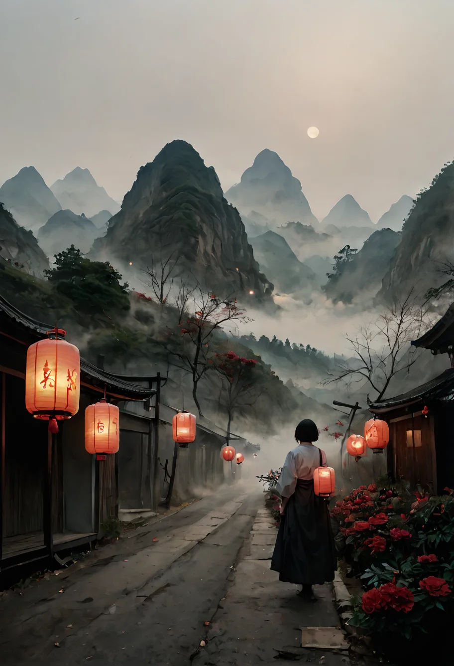 score_9,score_8_up,score_7_up,8k,,ruanyi0697,paper lantern,fog,mountain,dark,horror theme,no humans,flower,<lora:0697 Huangquan Road_v1_pony:1>
