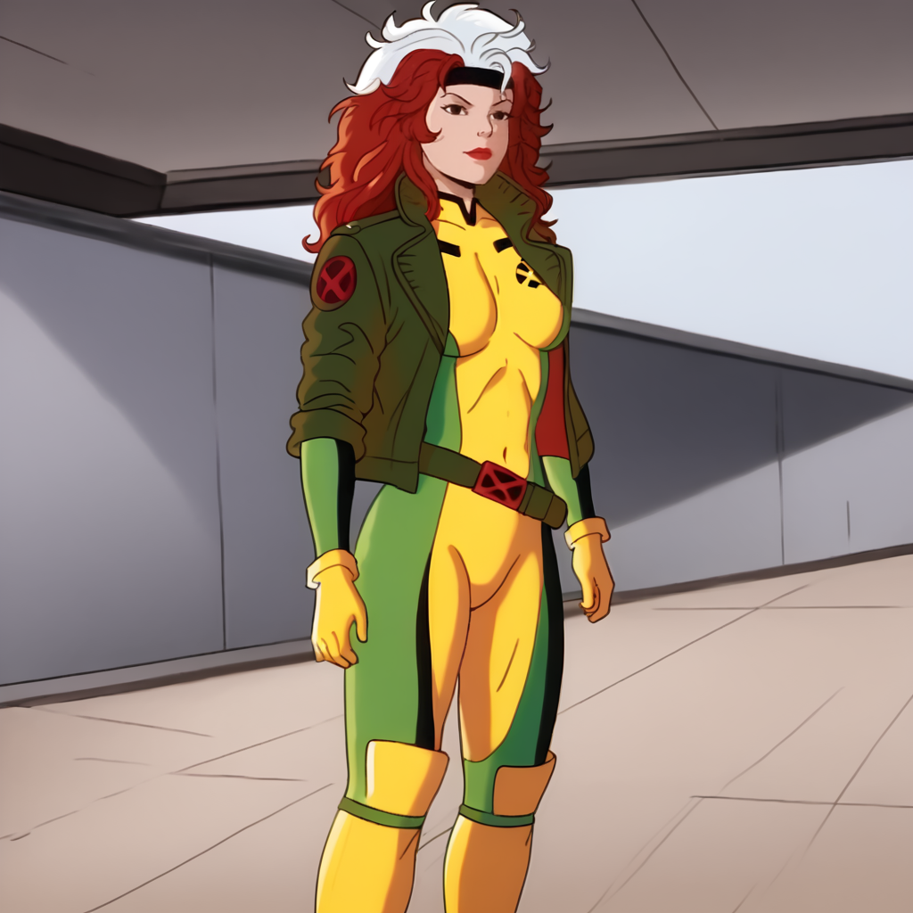 <lora:RogueTAS_pony_v1:1> RogueTAS, 1girl, yellow gloves, yellow bodysuit, green bodysuit, green jacket, multicolored hair, two-tone hair, belt, yellow footwear, white hair, red hair, brown hair, long hair, cowboy shot