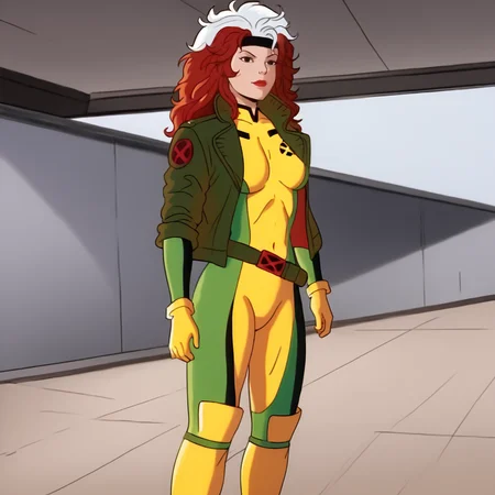 <lora:RogueTAS_pony_v1:1> RogueTAS, 1girl, yellow gloves, yellow bodysuit, green bodysuit, green jacket, multicolored hair, two-tone hair, belt, yellow footwear, white hair, red hair, brown hair, long hair, cowboy shot