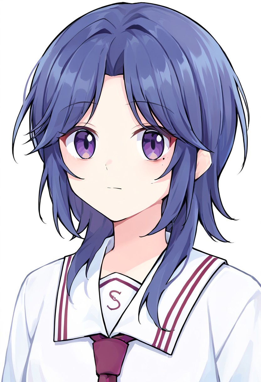 score_9, score_8, score_7, source_anime, hida shouko, sailor collar, white sailor collar, long sleeves, mole under eye, white shirt, mole, upper body, red necktie, closed mouth