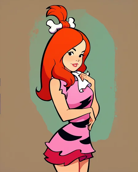 pebbles, 1girl, sexy, red hair, bone in hair, wearing stone age dress, standing in sexy pose, cowboy shot<lora:fallen_ai_PONY_adult_pebbles:1>, zPDXL, score_8_up, score_7_up, score_6_up, score_9, illustration