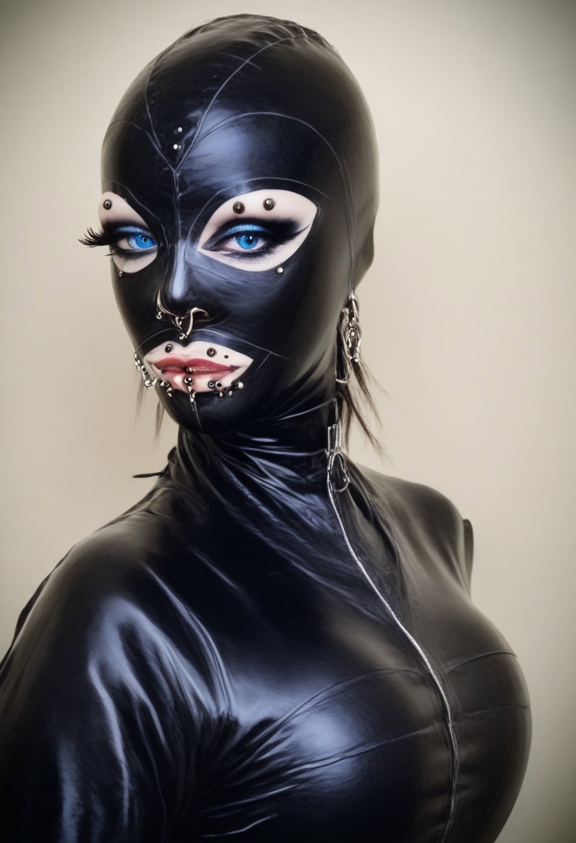 score_9, score_8_up, score_7_up, rating_safe, concept art, realistic, dark theme, low light, Fixhand.
1girl, solo, blue eyes. Sexy makeup.
(Big breast:1.2), (Round breast:1.2).
((ExtrFacePiercing:1.8)).
((latexHood)), ((Latex hood)), noHair, ((hairless)).