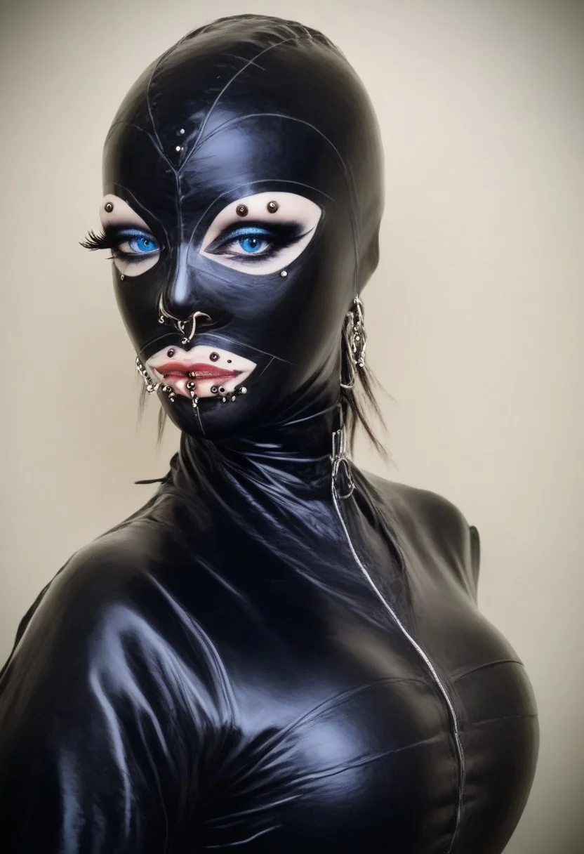 score_9, score_8_up, score_7_up, rating_safe, concept art, realistic, dark theme, low light, Fixhand.
1girl, solo, blue eyes. Sexy makeup.
(Big breast:1.2), (Round breast:1.2).
((ExtrFacePiercing:1.8)).
((latexHood)), ((Latex hood)), noHair, ((hairless)).