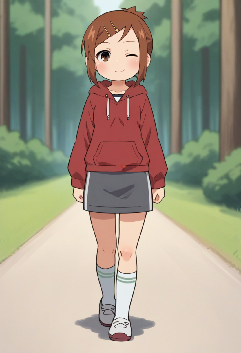 score_9, score_8_up, score_8, source_anime, 1girl, chibi, <lora:Miyashita:0.8> solo, brown eyes, brown hair, short hair, hairclip, red hoodie, gray skirt, socks, shoes, blush, smile, happy, looking at viewer, full body, walking, winking, 
forest background, blurry background,