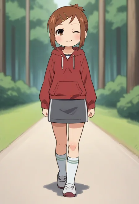 score_9, score_8_up, score_8, source_anime, 1girl, chibi, <lora:Miyashita:0.8> solo, brown eyes, brown hair, short hair, hairclip, red hoodie, gray skirt, socks, shoes, blush, smile, happy, looking at viewer, full body, walking, winking,
forest background, blurry background,