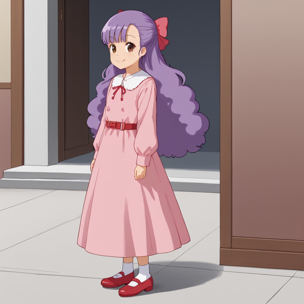 1girl, solo, Ayumi, purple hair, teased hair, long hair, dress, hair bow, bow, pink, brown eyes, bangs, white shirt, long sleeves, pink dress, red belt, white socks, red shoes, smile, full body, standing, side view,